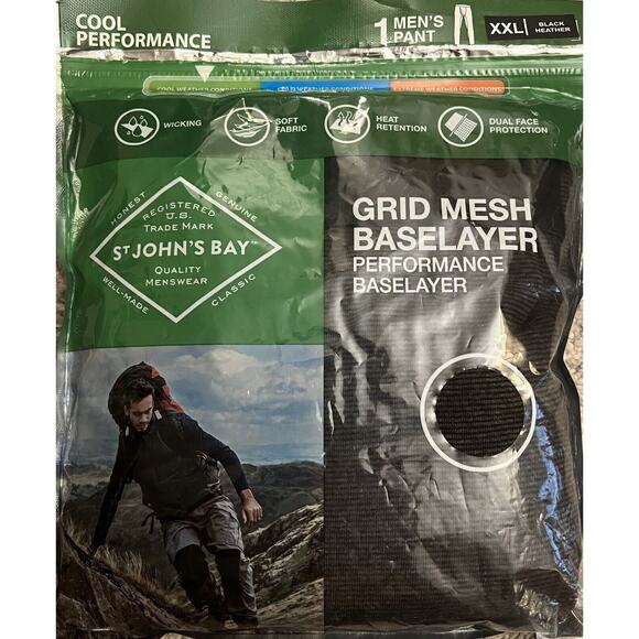 St Johns Bay Men's Size XXL Black Heather Cool Performance Base Layer Pant NWT - Picture 1 of 6